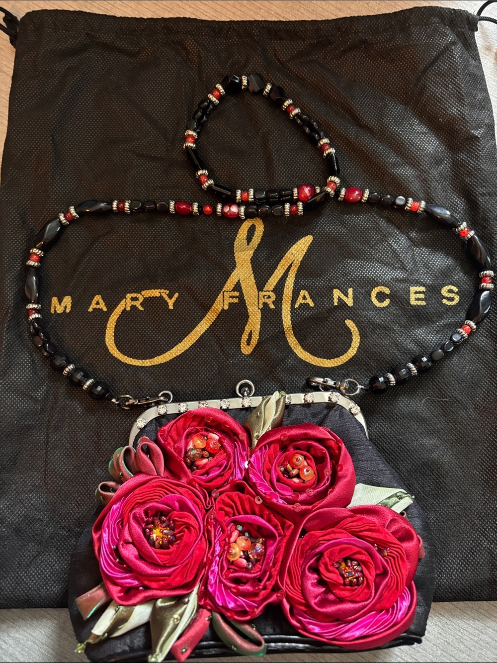 Mary Frances Black & Red Beaded Floral Clutch—New!